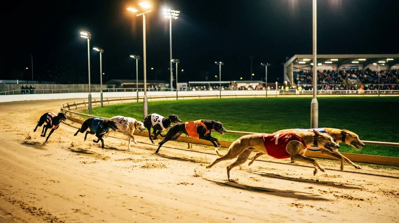 Greyhounds racing at full speed around a floodlit UK track bend with sand flying from the surface