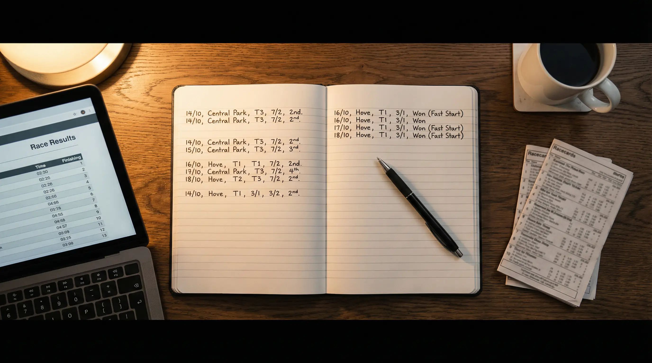 A person writing greyhound betting records in a notebook beside a laptop showing race results and form data