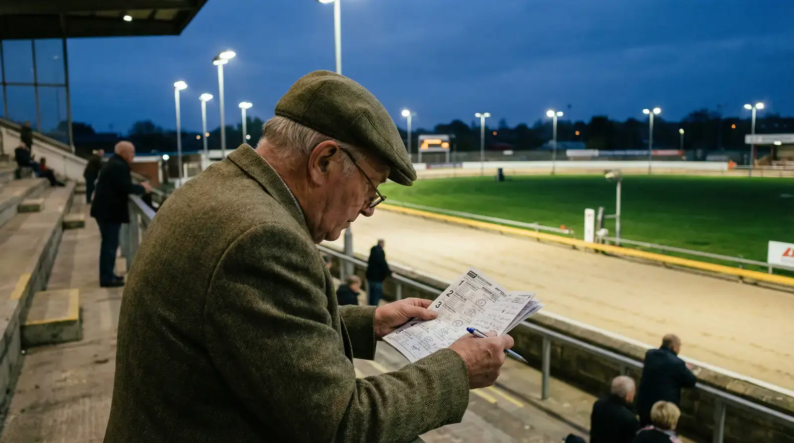 A punter studying greyhound form at a racing track with a racecard and pen in hand under stadium floodlights