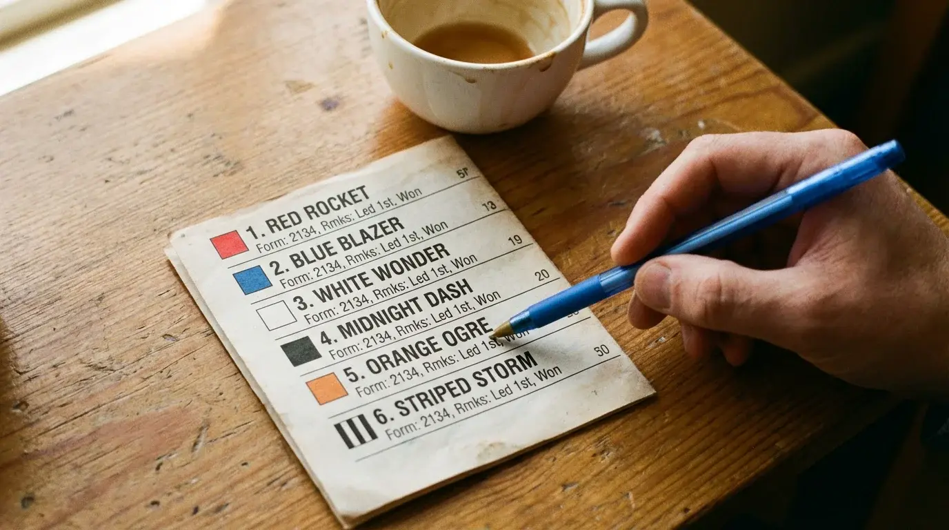 Close-up of a printed greyhound racecard showing trap numbers, dog names, form lines and trainer details