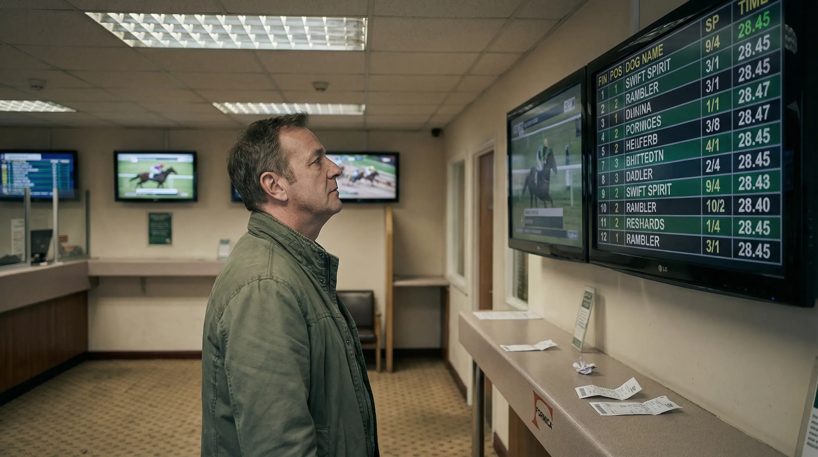 Greyhound racing results displayed on a screen at a UK betting shop showing finishing order and starting prices